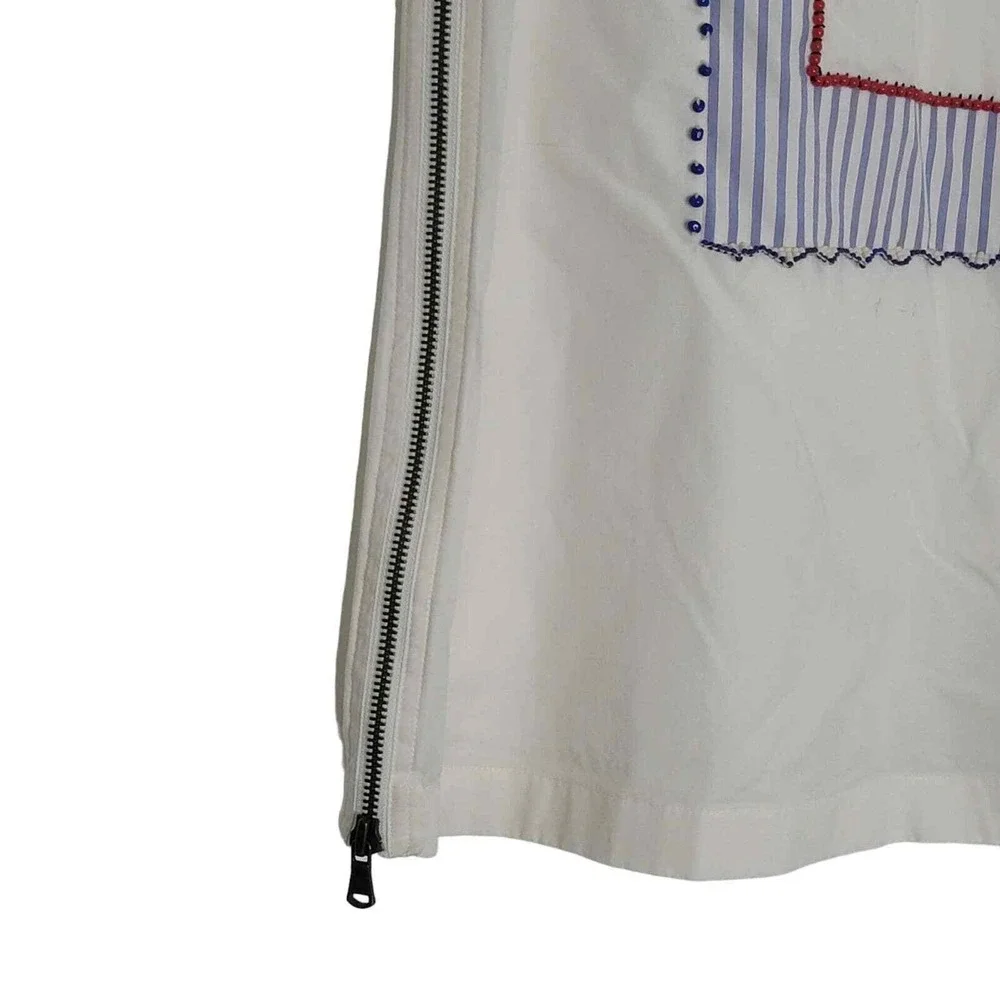 J Crew Sleeveless Beaded Tunic Top‎ 0 White Blue Stripe Side Zip Round Neck Boho